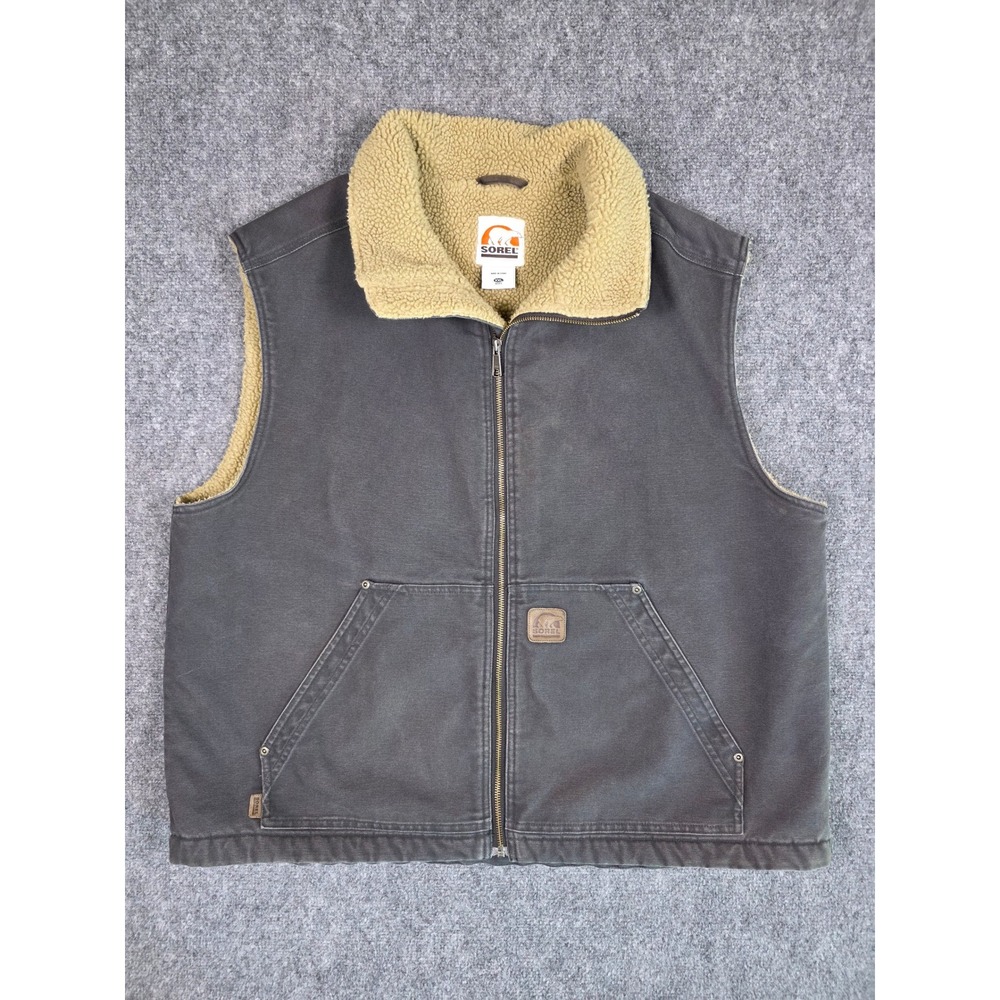 Sorel Canvas Workwear Vest Mens XXL Charcoal Gray Sherpa‎ Lined Full Zip